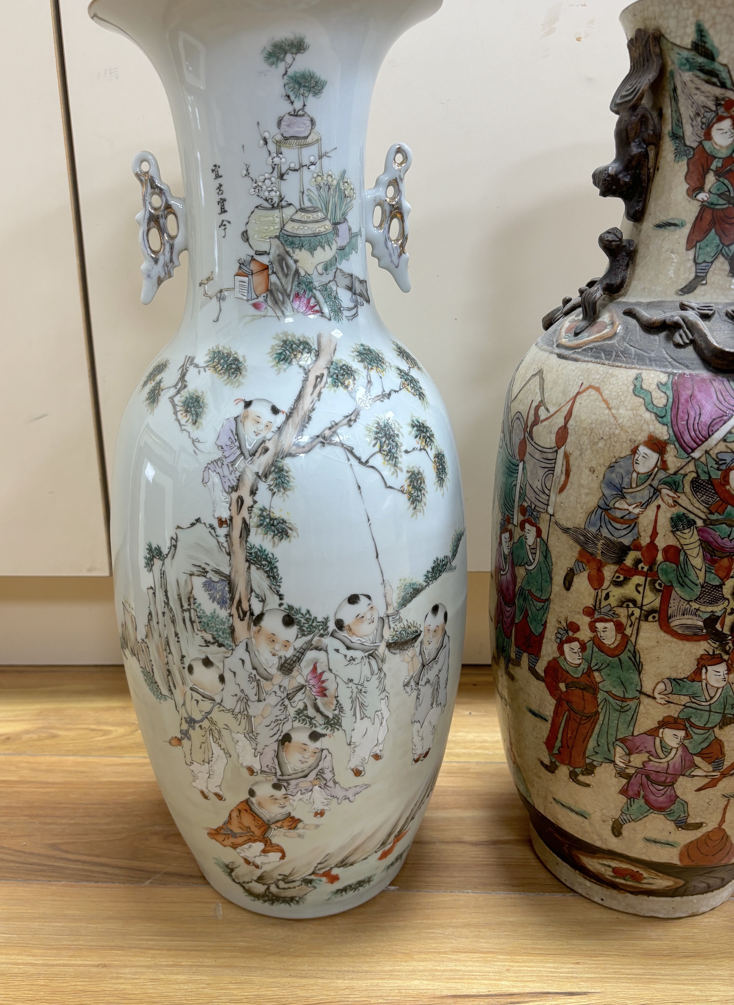 An early 20th century Chinese famille rose crackle glaze vase (damaged) and another, tallest 58cm